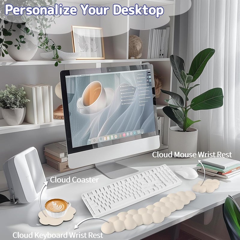 Sushret Cloud Wrist Rest for Keyboard and Mouse, Memory Foam PU Leather Keyboard Wrist Rest with Ergonomic Support, Non-Slip Base, Cute Arm Rest Pad & Palm Cushion, Office Desk Accessory, Beige - Image 2